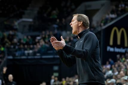 Oregon head coach Dana Altman yells to his team as the Oregon Ducks host the Washington Huskies Thursday, Feb. 8, 2024, at Matthew Knight Arena in Eugene, Ore.