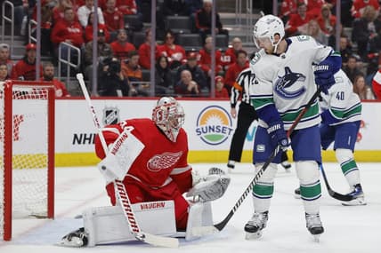 Feb 10, 2024; Detroit, Michigan, USA;  Detroit Red Wings goaltender Alex Lyon (34) makes a save in front of Vancouver Canucks center Elias Lindholm (23) in the first period at Little Caesars Arena. Mandatory Credit: Rick Osentoski-USA TODAY Sports
