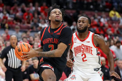 Feb 10, 2024; Columbus, Ohio, USA;  Maryland Terrapins guard Jahari Long (2) drives against Ohio State Buckeyes guard Bruce Thornton (2) during the first half at Value City Arena. Mandatory Credit: Joseph Maiorana-USA TODAY Sports