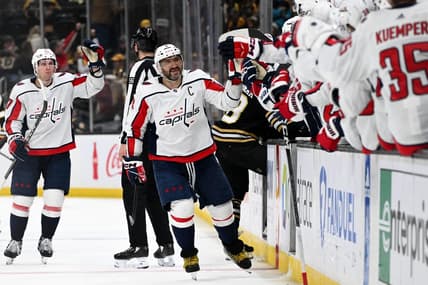 Feb 10, 2024; Boston, Massachusetts, USA; Washington Capitals left wing Alex Ovechkin (8) celebrates with his teammates after scoring a goal against the Boston Bruins during the third period at the TD Garden. Mandatory Credit: Brian Fluharty-USA TODAY Sports