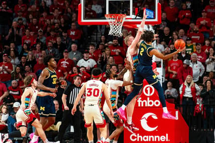 Feb 10, 2024; Lincoln, Nebraska, USA; Michigan Wolverines forward Tray Jackson (2) is blocked by Nebraska Cornhuskers forward Rienk Mast (51) during the first half at Pinnacle Bank Arena. Mandatory Credit: Dylan Widger-USA TODAY Sports