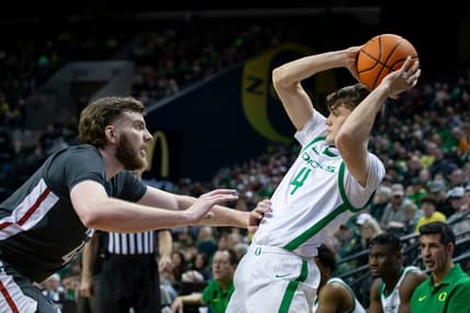 Oregon guard Brennan Rigsby looks for room to move as the Oregon Ducks host the Washington State Cougars Saturday Feb. 10, 2024 at Matthew Knight Arena in Eugene, Ore.