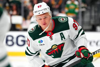 Feb 12, 2024; Las Vegas, Nevada, USA; Minnesota Wild left wing Kirill Kaprizov (97) warms up before a game against the Vegas Golden Knights at T-Mobile Arena. Mandatory Credit: Stephen R. Sylvanie-USA TODAY Sports