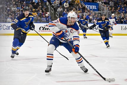 Feb 15, 2024; St. Louis, Missouri, USA;  Edmonton Oilers center Connor McDavid (97) controls the puck against the St. Louis Blues during the third period at Enterprise Center. Mandatory Credit: Jeff Curry-USA TODAY Sports