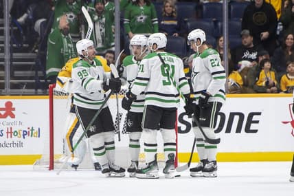 Feb 15, 2024; Nashville, Tennessee, USA; Dallas Stars center Wyatt Johnston (53) celebrates his goal against the Nashville Predators during the third period at Bridgestone Arena. Mandatory Credit: Steve Roberts-USA TODAY Sports