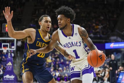 Feb 17, 2024; Seattle, Washington, USA; Washington Huskies forward Keion Brooks Jr. (1) dribbles against California Golden Bears guard Jaylon Tyson (20) during the first half at Alaska Airlines Arena at Hec Edmundson Pavilion. Mandatory Credit: Joe Nicholson-USA TODAY Sports