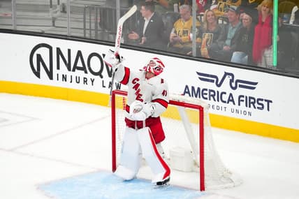 Feb 17, 2024; Las Vegas, Nevada, USA; Carolina Hurricanes goaltender Spencer Martin (41) celebrates after the Hurricanes defeated the Vegas Golden Knights 3-1 at T-Mobile Arena. Mandatory Credit: Stephen R. Sylvanie-USA TODAY Sports