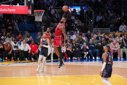 Feb 18, 2024; Indianapolis, Indiana, USA; Western Conference forward LeBron James (23) of the Los Angeles Lakers dunks the ball during the first half of the 73rd NBA All Star game at Gainbridge Fieldhouse. Mandatory Credit: Kyle Terada-USA TODAY Sports