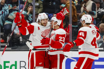 Feb 19, 2024; Seattle, Washington, USA; Detroit Red Wings defenseman Ben Chiarot (8) celebrates with left wing Lucas Raymond (23) after scoring a goal against the Seattle Kraken during the second period at Climate Pledge Arena. Mandatory Credit: Joe Nicholson-USA TODAY Sports