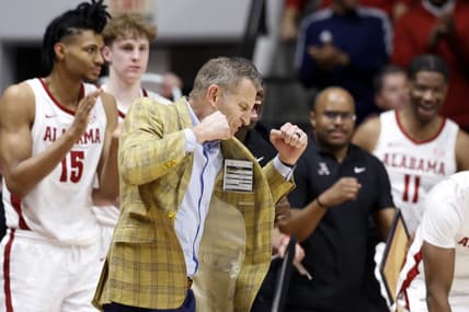 Feb 21, 2024; Tuscaloosa, Alabama, USA; Alabama Crimson Tide head coach Nate Oats reacts after a three pointer during overtime against the Florida Gators at Coleman Coliseum. Mandatory Credit: Butch Dill-USA TODAY Sports