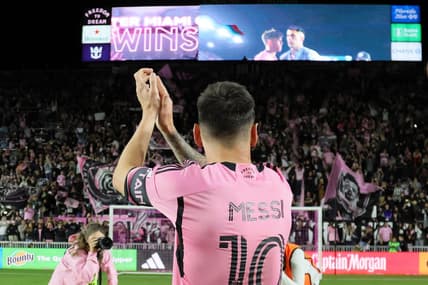 Feb 21, 2024; Fort Lauderdale, Florida, USA; Inter Miami CF forward Lionel Messi (10) reacts after the game against Real Salt Lake at Chase Stadium. Mandatory Credit: Sam Navarro-USA TODAY Sports