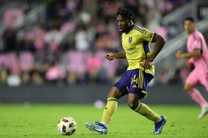 Feb 21, 2024; Fort Lauderdale, Florida, USA; Real Salt Lake forward Rubio Rubin (14) kicks the ball against Inter Miami CF in the second half at Chase Stadium. Mandatory Credit: Sam Navarro-USA TODAY Sports