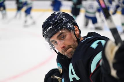 Feb 22, 2024; Seattle, Washington, USA; Seattle Kraken right wing Jordan Eberle (7) celebrates scoring a goal against the Vancouver Canucks during the second period at Climate Pledge Arena. Mandatory Credit: Steven Bisig-USA TODAY Sports