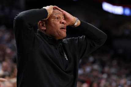 Feb 23, 2024; Minneapolis, Minnesota, USA; Milwaukee Bucks head coach Doc Rivers reacts during the first half against the Minnesota Timberwolves at Target Center. Mandatory Credit: Matt Krohn-USA TODAY Sports