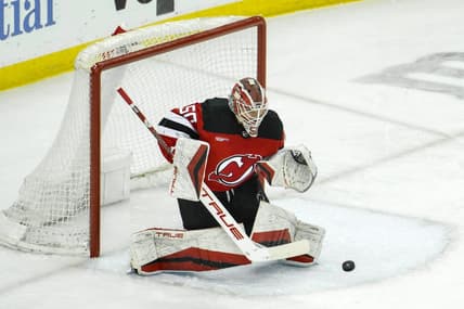 Feb 24, 2024; Newark, New Jersey, USA; New Jersey Devils goaltender Nico Daws (50) makes a save against the Montreal Canadiens during the third period at Prudential Center. Mandatory Credit: John Jones-USA TODAY Sports