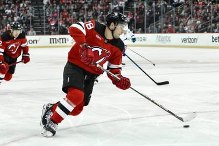 Feb 25, 2024; Newark, New Jersey, USA; New Jersey Devils right wing Timo Meier (28) skates with the puck during the second period against the Tampa Bay Lightning at Prudential Center. Mandatory Credit: John Jones-USA TODAY Sports