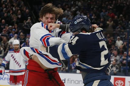 Feb 25, 2024; Columbus, Ohio, USA; Columbus Blue Jackets right wing Mathieu Olivier (24) and New York Rangers center Matt Rempe (73) fight during the first period at Nationwide Arena. Mandatory Credit: Russell LaBounty-USA TODAY Sports