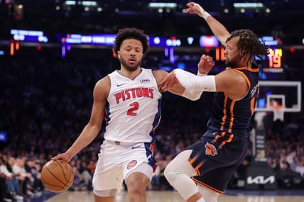 Feb 26, 2024; New York, New York, USA; Detroit Pistons guard Cade Cunningham (2) brings the ball up court against New York Knicks guard Jalen Brunson (11) during the first quarter at Madison Square Garden. Mandatory Credit: Brad Penner-USA TODAY Sports