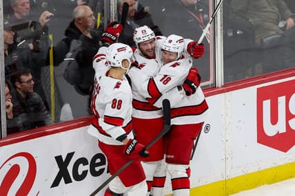 Feb 27, 2024; Saint Paul, Minnesota, USA; Carolina Hurricanes right wing Stefan Noesen (23) celebrates his goal against the Minnesota Wild during the third period at Xcel Energy Center. Mandatory Credit: Matt Krohn-USA TODAY Sports