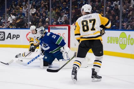 Feb 27, 2024; Vancouver, British Columbia, CAN; Pittsburgh Penguins forward Sidney Crosby (87) watches as forward Rickard Rakell (67) scores on Vancouver Canucks goalie Thatcher Demko (35) in the second period at Rogers Arena. Mandatory Credit: Bob Frid-USA TODAY Sports