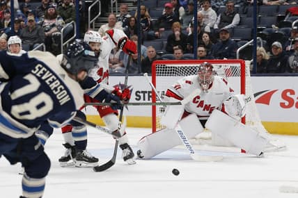 Feb 29, 2024; Columbus, Ohio, USA; Carolina Hurricanes goalie Spencer Martin (41) awaits the shot attempt from Columbus Blue Jackets defenseman Damon Severson (78) during the first period at Nationwide Arena. Mandatory Credit: Russell LaBounty-USA TODAY Sports