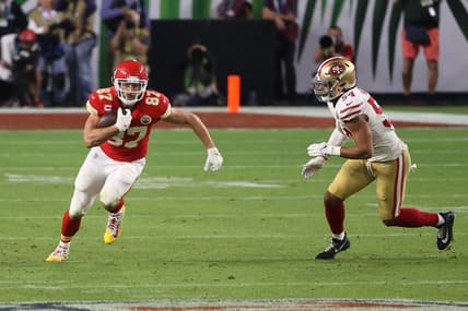 San Francisco 49ers' Fred Warner against Kansas City Chiefs' Travis Kelce in Super Bowl