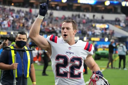 Oct 31, 2021; Inglewood, California, USA;New England Patriots defensive back Cody Davis (22) reacts after the game against the Los Angeles Chargers at SoFi Stadium. The Patriots defeated the Chargers 27-24. Mandatory Credit: Kirby Lee-USA TODAY Sports