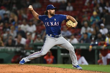Sep 2, 2022; Boston, Massachusetts, USA; Texas Rangers third baseman Charlie Culberson (11) pitches against the Boston Red Sox during the eighth inning at Fenway Park. Mandatory Credit: Brian Fluharty-USA TODAY Sports