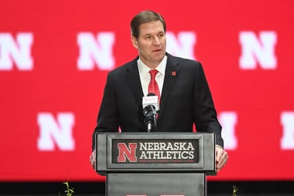 Nov 28, 2022; Omaha, Nebraska, US;  Nebraska Cornhuskers athletic director Trev Alberts speaks at the introductory press conference at the Hawks Championship Center on the University of Nebraska-Lincoln campus. Mandatory Credit: Steven Branscombe-USA TODAY Sports