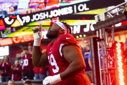 Nov 27, 2022; Glendale, AZ, USA; Arizona Cardinals offensive lineman Josh Jones (79) against the Los Angeles Chargers at State Farm Stadium. Mandatory Credit: Mark J. Rebilas-USA TODAY Sports