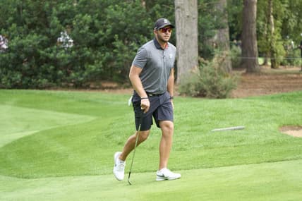 Jul 8, 2023; Hertfordshire, England, GBR; Dean Burmester (ZAF) approaches the 3rd green during the second round of the LIV Golf London golf tournament at Centurion Club. Mandatory Credit: Peter van den Berg-USA TODAY Sports
