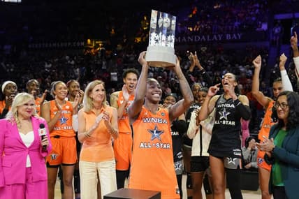 Jul 15, 2023; Las Vegas, NV, USA; Team Wilson guard Jewell Loyd (24) holds the MVP award during the 2023 WNBA All-Star Game at Michelob Ultra Arena. Mandatory Credit: Lucas Peltier-USA TODAY Sports
