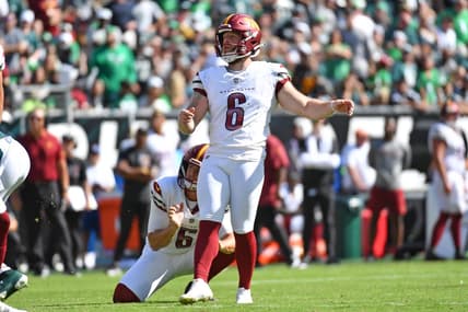 Oct 1, 2023; Philadelphia, Pennsylvania, USA; Washington Commanders place kicker Joey Slye (6) kicks a field goal against the Philadelphia Eagles at Lincoln Financial Field. Mandatory Credit: Eric Hartline-USA TODAY Sports