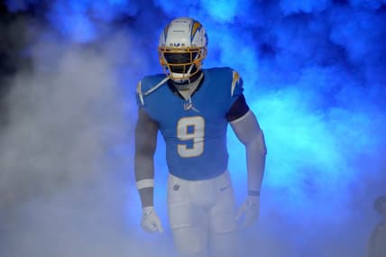 Oct 29, 2023; Inglewood, California, USA; Los Angeles Chargers linebacker Kenneth Murray Jr. (9) enters the field before the game against the Chicago Bears at SoFi Stadium. Mandatory Credit: Kirby Lee-USA TODAY Sports