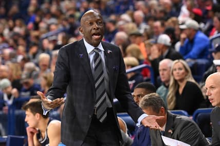 Nov 10, 2023; Spokane, Washington, USA; Yale Bulldogs head coach James Jones reacts after a play against the Gonzaga Bulldogs in the first half at McCarthey Athletic Center. Mandatory Credit: James Snook-USA TODAY Sports