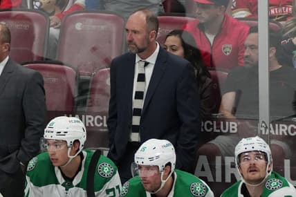 Dec 6, 2023; Sunrise, Florida, USA; Dallas Stars head coach Pete DeBoer looks on against the Florida Panthers during the second period at Amerant Bank Arena. Mandatory Credit: Jim Rassol-USA TODAY Sports