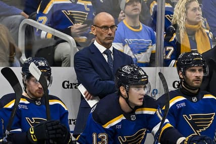 Dec 14, 2023; St. Louis, Missouri, USA;  St. Louis Blues interim head coach Drew Bannister looks on from the bench during the first period against the Ottawa Senators at Enterprise Center. Mandatory Credit: Jeff Curry-USA TODAY Sports