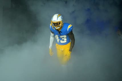 Dec 23, 2023; Inglewood, California, USA; Los Angeles Chargers cornerback Michael Davis (43) enters the field before the game against the Buffalo Bills SoFi Stadium. Mandatory Credit: Kirby Lee-USA TODAY Sports
