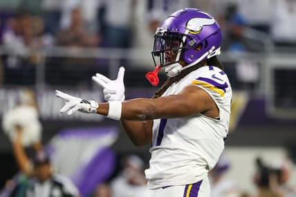 Dec 24, 2023; Minneapolis, Minnesota, USA; Minnesota Vikings wide receiver K.J. Osborn (17) celebrates his pass against the Detroit Lions during the third quarter at U.S. Bank Stadium. Mandatory Credit: Matt Krohn-USA TODAY Sports