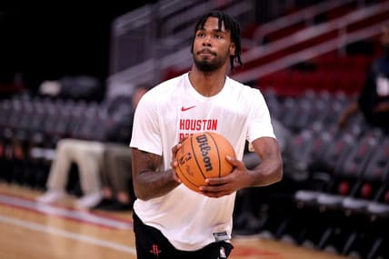 Dec 27, 2023; Houston, Texas, USA; Houston Rockets forward Tari Eason (17) warms up prior to the game against the Phoenix Suns at Toyota Center. Mandatory Credit: Erik Williams-USA TODAY Sports