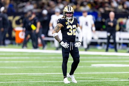 Jan 7, 2024; New Orleans, Louisiana, USA;  New Orleans Saints safety Tyrann Mathieu (32) looks on against the Atlanta Falcons during the first half at Caesars Superdome. Mandatory Credit: Stephen Lew-USA TODAY Sports