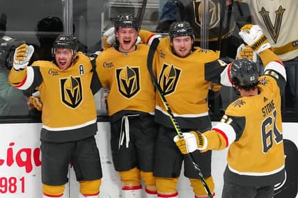 Jan 11, 2024; Las Vegas, Nevada, USA; Vegas Golden Knights center Jack Eichel (9) celebrates with Vegas Golden Knights right wing Jonathan Marchessault (81), Vegas Golden Knights center Ivan Barbashev (49) and Vegas Golden Knights right wing Mark Stone (61) after scoring a goal against the Boston Bruins during the third period at T-Mobile Arena. Mandatory Credit: Stephen R. Sylvanie-USA TODAY Sports