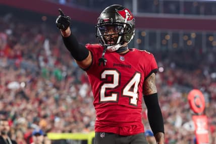 Jan 15, 2024; Tampa, Florida, USA; Tampa Bay Buccaneers cornerback Carlton Davis III (24) gestures after a play against the Philadelphia Eagles during the second half of a 2024 NFC wild card game at Raymond James Stadium. Mandatory Credit: Kim Klement Neitzel-USA TODAY Sports