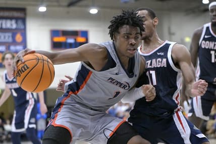 Jan 18, 2024; Malibu, California, USA; Pepperdine Waves guard Michael Ajayi (1) is defended by Gonzaga Bulldogs guard Nolan Hickman (11) in the second half at Firestone Fieldhouse. Mandatory Credit: Jayne Kamin-Oncea-USA TODAY Sports