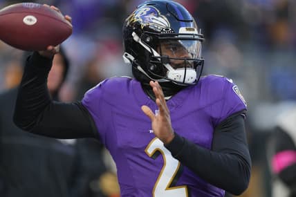 Jan 20, 2024; Baltimore, MD, USA; Baltimore Ravens quarterback Tyler Huntley (2) warms up before a 2024 AFC divisional round game against the Houston Texans at M&T Bank Stadium. Mandatory Credit: Mitch Stringer-USA TODAY Sports