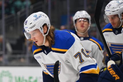 Jan 26, 2024; Seattle, Washington, USA; St. Louis Blues center Oskar Sundqvist (70) after scoring a goal against the Seattle Kraken during the first period at Climate Pledge Arena. Mandatory Credit: Steven Bisig-USA TODAY Sports