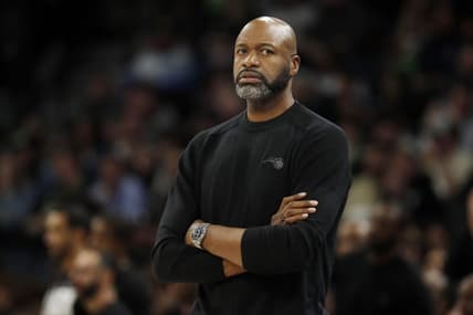 Feb 2, 2024; Minneapolis, Minnesota, USA; Orlando Magic head coach Jamahl Mosley watches as his team plays the Minnesota Timberwolves in the third quarter at Target Center. Mandatory Credit: Bruce Kluckhohn-USA TODAY Sports