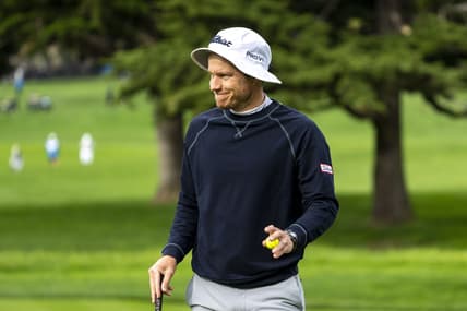 February 3, 2024; Pebble Beach, California, USA; Peter Malnati acknowledges the crowd after making his putt on the second hole during the third round of the AT&T Pebble Beach Pro-Am golf tournament at Pebble Beach Golf Links. Mandatory Credit: Kyle Terada-USA TODAY Sports