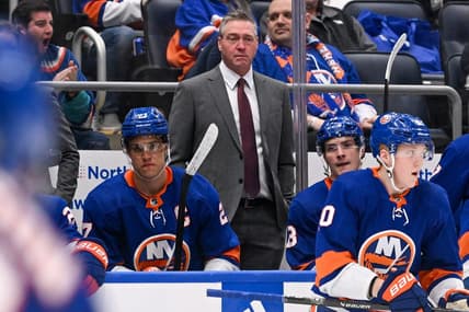 Feb 8, 2024; Elmont, New York, USA; New York Islanders head coach Patrick Roy coaches against the Tampa Bay Lightning during the third period at UBS Arena. Mandatory Credit: Dennis Schneidler-USA TODAY Sports