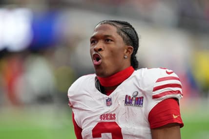 Feb 11, 2024; Paradise, Nevada, USA; San Francisco 49ers wide receiver Ray-Ray McCloud III (3) warms up before Super Bowl LVIII against the Kansas City Chiefs at Allegiant Stadium. Mandatory Credit: Kirby Lee-USA TODAY Sports